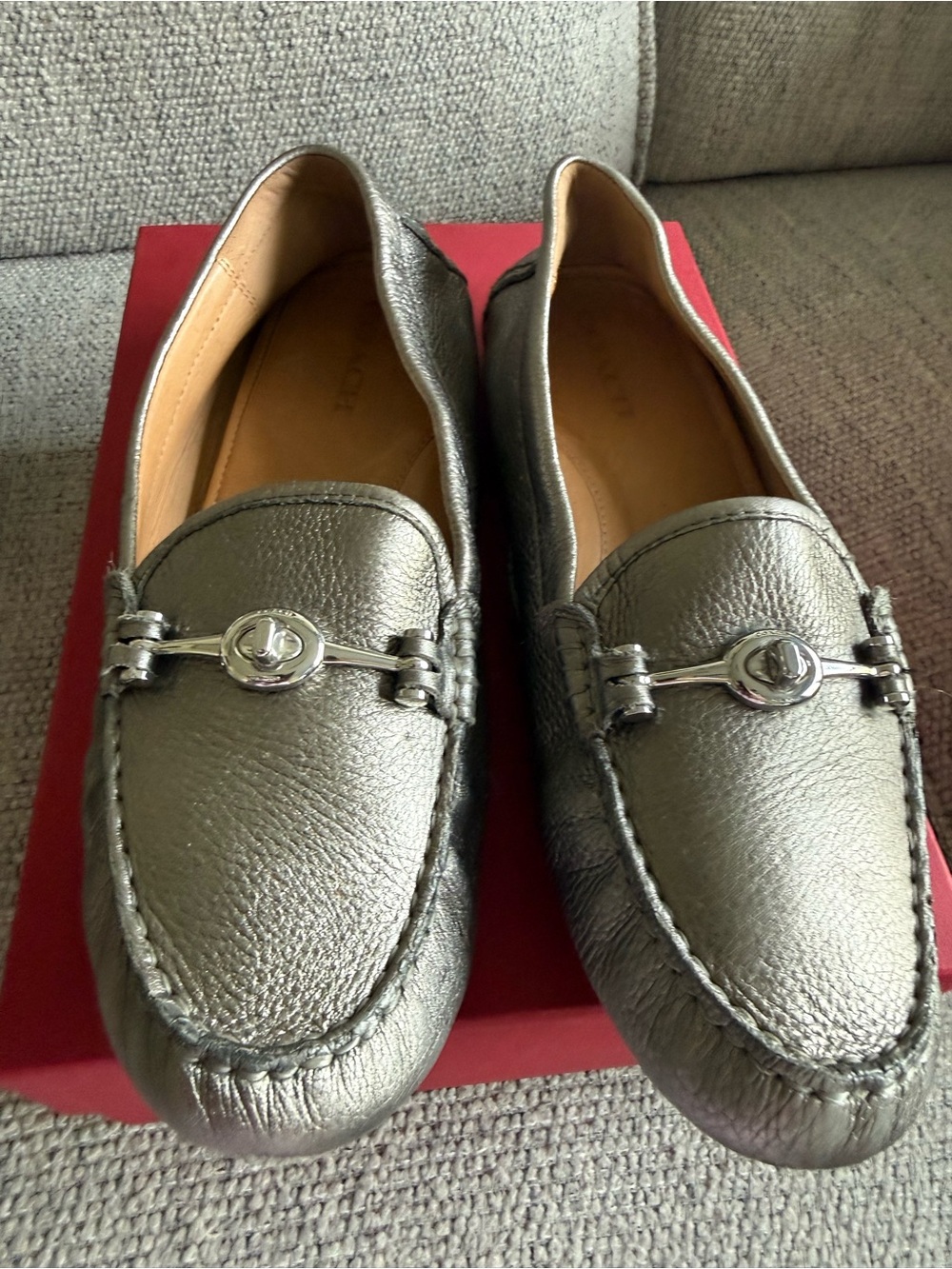 Coach Men's Metallic Silver Leather Slip-On Driving Loafers